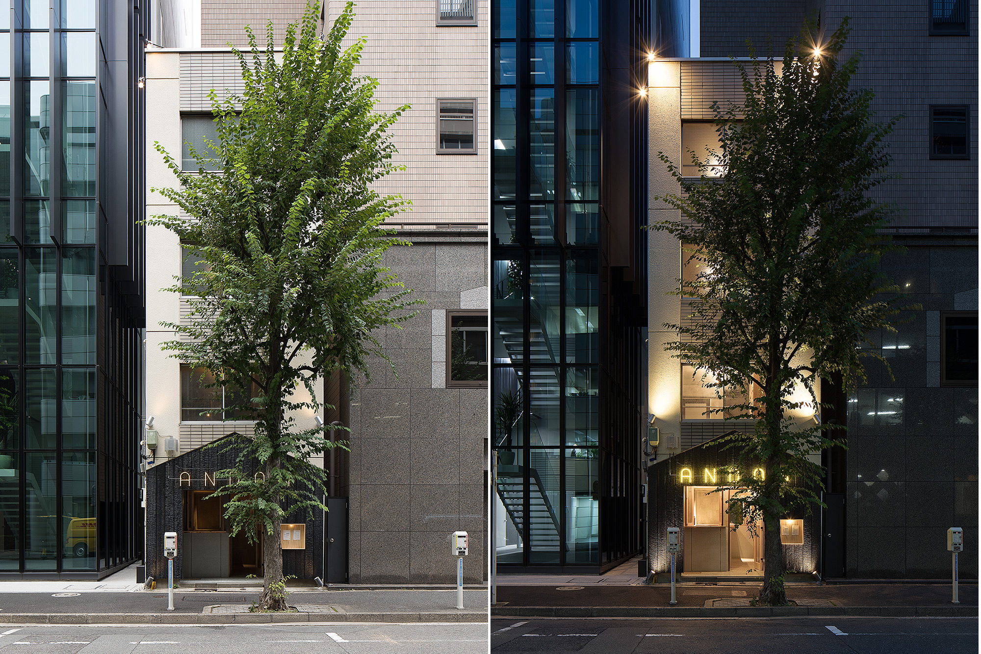 『おむすびスタンドANDON』の昼(左)と夜(右)の外観